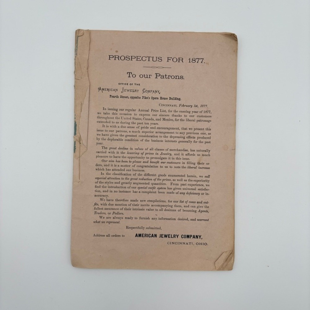 1877 American Jewelry Co Cincinnati Ohio Prospectus Agent Price List‎ Ephemera